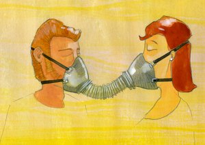 Erwartung, Verschmutzung: ein Paar teilt sich die gleiche Gasmaske