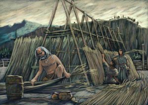 Bau von Pfahlbauten, prähistorische Häuser