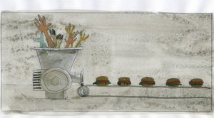 Konsumgesellschaft: Produktion von Junk Food, Hamburger aus menschlichen und tierischen Überresten - Illustration von Alessandro Lonati von Alessandro Lonati