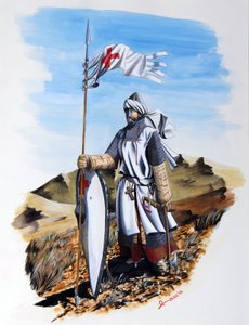 Kreuzzüge: Ein Ritter des Templerordens trägt einen weißen Mantel mit dem Roten Kreuz Illustration von Alessandro Lonati