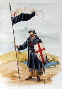 Kreuzzüge: Ein Ritter des Templerordens in schwarzer Kleidung mit dem roten Kreuz - Illustration von Alessandro Lonati