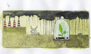 Ökologie, Verschmutzung: eine kleine grüne Pflanze in einer Glocke umgeben von Tierskeletten, in einer von Fabrikschornsteinen kontaminierten Umgebung Illustration von Alessandro Lonati von Alessandro Lonati