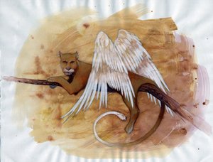 Fabelwesen: Darstellung einer Chimäre, fantastisches Tier mit Löwenkopf, Ziegenkörper und Schlangenschwanz Zeichnung von Alessandro Lonati
