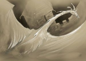 Fantastisches Wesen: ein Drache fliegt über einen Burgturm. Zeichnung von Alessandro Lonati von Alessandro Lonati