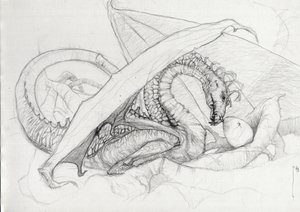 Fantastische Kreatur: ein Drache, der sein Ei beschützt. von Alessandro Lonati