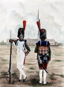 Erstes Kaiserreich (1804-1814 und 1815): Grenadiersoldaten der königlichen Garde der großen napoleonischen Armee auf dem Platz des Sforzesco-Schlosses in Mailand, Italien Zeichnung von Alessandro Lonati