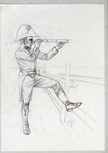 Erstes Kaiserreich (1804-1814 und 1815): Oberer Soldat der großen französischen napoleonischen Armee in Beobachtung mit einem Fernrohr. Unvollendete Zeichnung von Alessandro Lonati von Alessandro Lonati