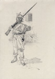 Erstes Kaiserreich (1804-1814 oder 1815): Soldat der napoleonischen Armee, Infanterist einer Brigade von Reitern in einer Festung. Zeichnung von Alessandro Lonati