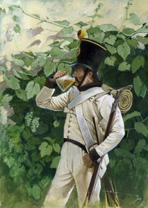 Erstes Kaiserreich: Österreichischer Linieninfanterieoffizier trinkt einen Bierkrug. Zeichnung von Alessandro Lonati