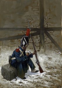 Erstes Kaiserreich: Gardegrenadier im Mantel, der im Schnee sitzt