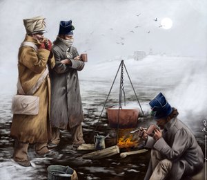 Erstes Kaiserreich: Leichte Infanteriesoldaten wärmen sich um ein Feuer oder kochen während eines Feldzugs von Napoleon I. (wahrscheinlich in Russland) - Illustration von Alessandro Lonati, 2010