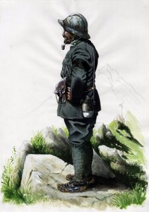 Erster Weltkrieg 1914-1918: Alpiner Jagdoffizier der italienischen Armee an der Alpenfront Zeichnung von Alessandro Lonati