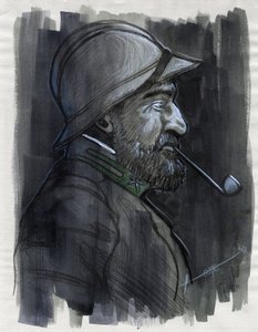 Erster Weltkrieg 1914-1918: Profilporträt eines Soldaten der italienischen Armee, der 1915 Pfeife raucht. Zeichnung von Alessandro Lonati von Alessandro Lonati