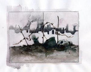 Erster Weltkrieg: Kriegsallegorie mit Totenkopfshelm in Bärten vor Ruinen Farbdarstellung von Alessandro Lonati von Alessandro Lonati