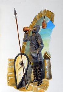 Erster Kreuzzug: ein ruhender Kranich, ausgestattet mit seinem Kettenhemd, trinkt aus der Karaffe, sein Schild und seine Lanze sind neben ihm platziert. von Alessandro Lonati