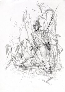 Soldat der napoleonischen Armee, Infanterist stürmt durch ein Maisfeld mit einem verwundeten Kameraden