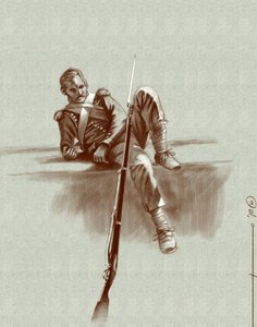 Erstes Kaiserreich: Leichtinfanteriesoldat in Ruhe während einer Kampagne von Napoleon I. (wahrscheinlich in Russland) Anfang des 19. Jahrhunderts. Illustration von Alessandro Lonati, 2010 von Alessandro Lonati