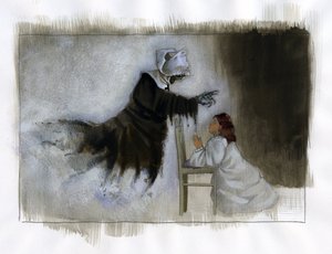 Geist einer älteren Nonne mit krummen Händen erscheint einem betenden kleinen Mädchen - Illustration von Alessandro Lonati von Alessandro Lonati