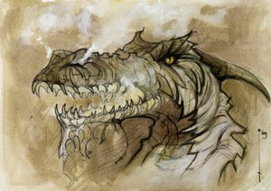 Illustration eines fantastischen und legendären Tieres: Drachenkopf, der Rauch durch die Schnauze ausstößt von Alessandro Lonati