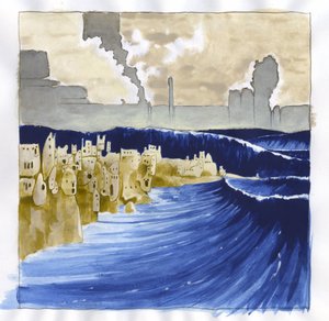 Illustration des Mythos der unter dem Meer verschwundenen Insel Atlantis: Ansicht des unruhigen Meeres nach dem Vulkanausbruch, der die legendäre Insel überflutet
