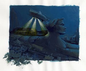 Illustration des Mythos der unter dem Meer versunkenen Insel Atlantis: Ein U-Boot erkundet den Meeresboden und entdeckt die Ruinen der legendären Insel Farbillustration von Alessandro Lonati von Alessandro Lonati