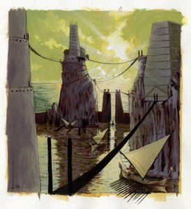 Illustration des Mythos der unter dem Atlantis-Meer verschwundenen Insel: Ansicht der griechischen Stadt der legendären Insel vor ihrem Verschwinden. von Alessandro Lonati