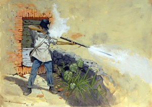 Italienfeldzug: ein österreichischer Infanterist eröffnet das Feuer in der Schlacht von Solferino zwischen dem österreichisch-ungarischen Reich von Franz Joseph I. von Österreich und der französisch-sardischen Koalition von Napoleon III. und Viktor Emanuel von Alessandro Lonati