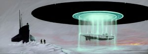 Treffen am Nordpol zwischen einem U-Boot und einer fliegenden Untertasse (UFO, UFO oder Alien) zur Rückgabe eines von Aliens während des Krieges genommenen U-Boots. Zeichnung von Alessandro Lonati