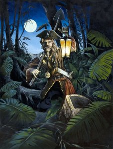 Pirat der Karibik mit Laterne, in der Nacht, versteckt seinen Schatz im Wald einer Insel. Farbzeichnung von Alessandro Lonati. von Alessandro Lonati