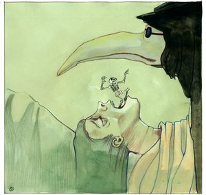 Pestdoktor, der eine schnabelartige Maske trägt, die mit aromatischen Gegenständen gefüllt ist, vor einem Opfer