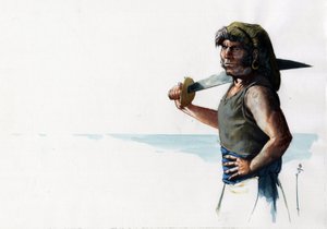 Porträt eines Piraten oder Seemanns mit einem Schwert, der aufs Meer blickt. Farbzeichnung von Alessandro Lonati. von Alessandro Lonati