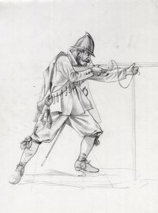 Porträt eines Schiffssoldaten des 17. Jahrhunderts in Schussposition. Zeichnung von Alessandro Lonati.