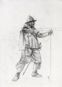 Porträt eines Marinesoldaten des 17. Jahrhunderts in Schussposition Zeichnung von Alessandro Lonati