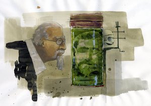 Porträt eines italienischen Kriminologen, der seinen eigenen Kopf in Formalin betrachtet Illustration von Alessandro Lonati von Alessandro Lonati