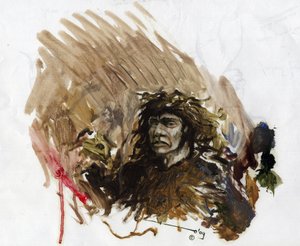 Prähistorie: Darstellung eines Neandertalers im Mittelpaläolithikum. Zeichnung von Alessandro Lonati