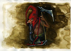 Darstellung einer Rotkappe (Rotkappe, Powrie oder Dunter, Rot-Bonnet) legendäre bösartige Kreatur der Koboldfamilie aus der britischen Folklore Illustration von Alessandro Lonati von Alessandro Lonati