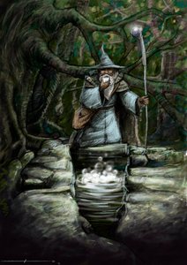 Darstellung eines Druiden, der an der wunderbaren Quelle von Barenton im Wald von Broceliande trinkt