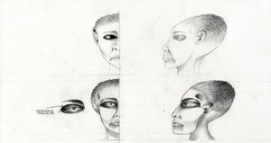 Science-Fiction-Illustration: Studie des Gesichts eines Außerirdischen vom Planeten Mars zur Eroberung des Weltraums Zeichnung von Alessandro Lonati von Alessandro Lonati