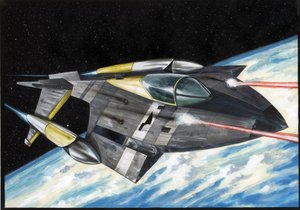 Science-Fiction-Illustration: Raumschiff mit der Eroberung des Weltraums oder Universums schießt Laserstrahlen auf den Planeten Erde. Zeichnung von Alessandro Lonati