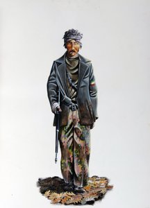 Zweiter Weltkrieg: ein Mitglied des italienischen Widerstands (Resistenza Italiana) in Tarnanzug und mit Maschinengewehr. 1943-1945. Illustration von Alessandro Lonati von Alessandro Lonati