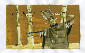 Schamanismus: spirituelle Zeremonie, die sich auf die Vermittlung zwischen Menschen und Naturgeistern konzentriert - Schamane und seine Totems - Illustration von Alessandro Lonati