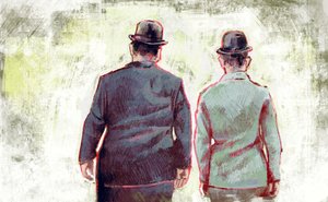 Stan Laurel und Oliver Hardy marschieren dem Horizont entgegen (Illustration) von Alessandro Lonati