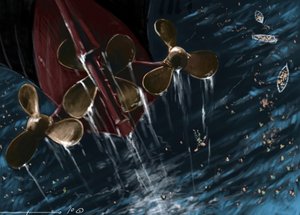 Ansicht der Schrauben des transatlantischen Liners Titanic zum Zeitpunkt des Untergangs am 14. und 15. April 1912. Illustration von Alesandro Lonati. 2010