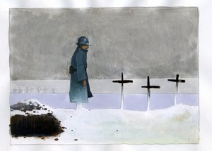 Erster Weltkrieg: ein französischer Soldat in einem Kriegsgrab, der auf die Kreuze schaut
