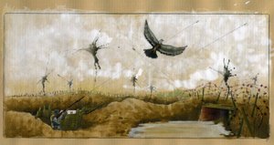 Erster Weltkrieg: eine Brieftaube, die eine Nachricht trägt, wird von einem deutschen Soldaten in einem Schützengraben ins Visier genommen, der versucht, eine Nachricht zu bergen, 1914-1918