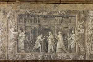Monochromes Fresko, das Theateraufführungen reproduziert von Alessandro Maganza