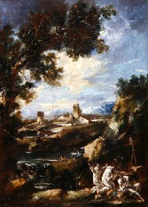 Landschaft mit betenden Karmelitenmönchen an einem Wegesrand-Schrein, ca. 1720 von Alessandro Magnasco