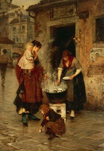Muschelverkäufer in Venedig, von Alessandro Milesi, Öl auf Leinwand, Italien, 20. Jahrhundert von Alessandro Milesi