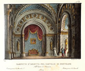 Isolettas Kabinett im Schloss Montolino in der Bretagne Bühnenbild für die Aufführung der Oper „La straniera“ (1828) von Vincenzo Bellini im Teatro alla Scala im Jahr 1829. Lithographie in „Raccolta di invenzioni sceniche del 1830 di Alessandro Sanquirico von Alessandro Sanquirico