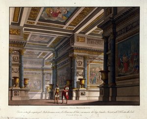 Szenografie von Alessandro Sanquirico (1777-1849) für „La Clemence de Tito“ von Wolfgang Amadeus Mozart (1756-1791) aufgeführt in La Scala in Mailand 1819 und Darstellung des Raums im Königspalast von Tito von Alessandro Sanquirico